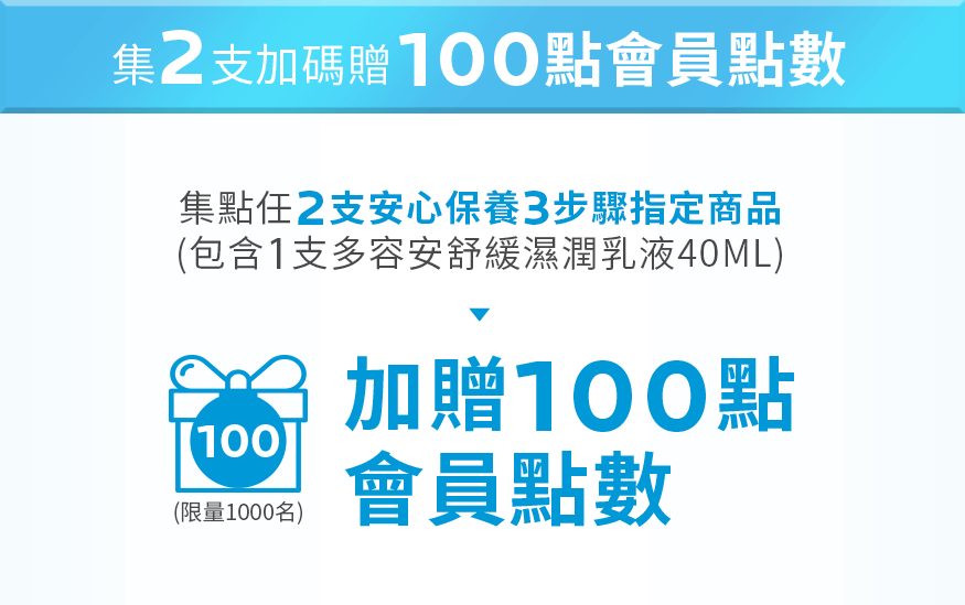 集2支加碼贈 100點會員點數:集點任2支安心保養3步驟指定商品(包含1支多容安舒緩濕潤乳液40ml)，加贈100點會員點數(限量1000名)